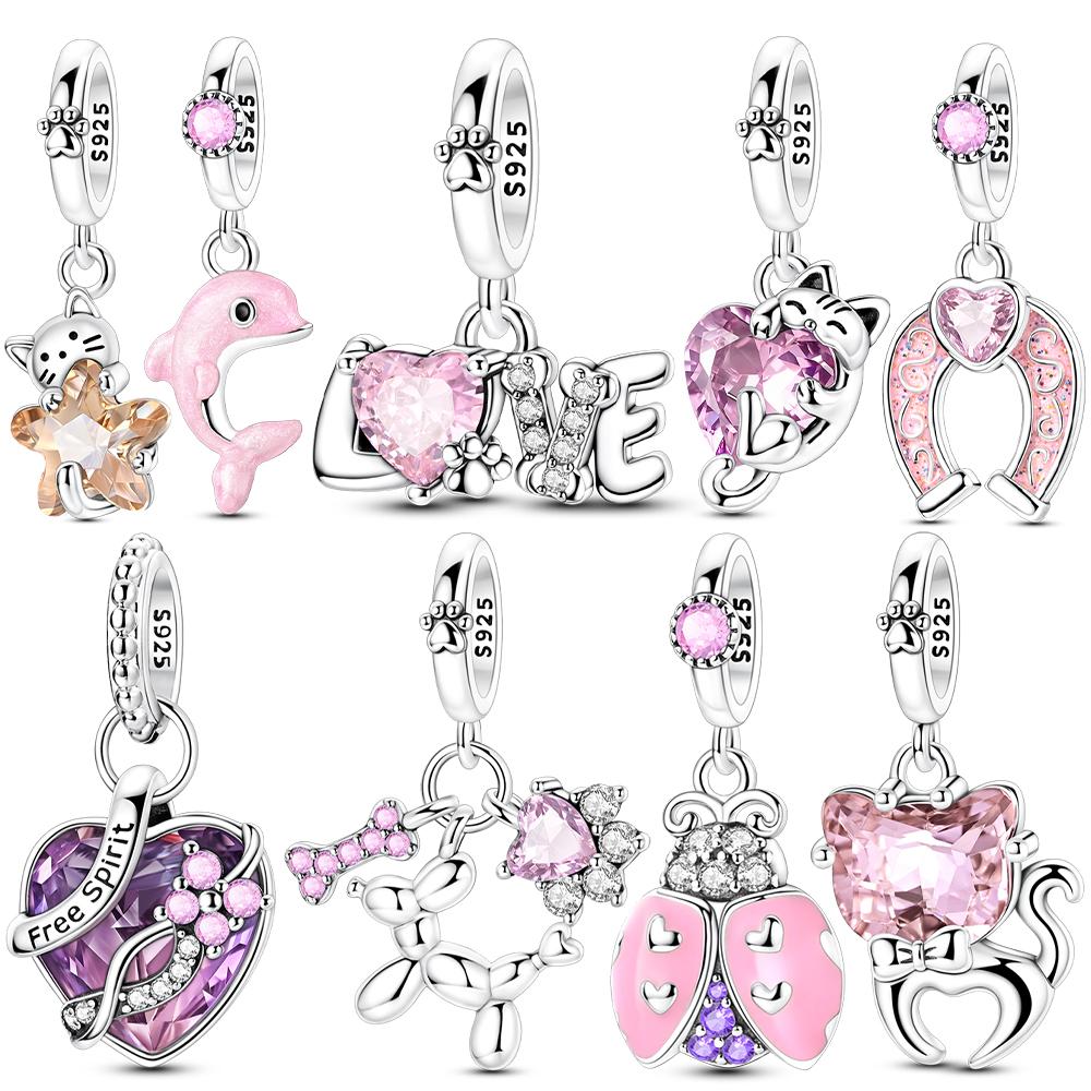 Pendentif Authentique en Cuivre Chat Ballon Rose Chien Animal Dauphin Perle Cœur Compatible Avec Bracelets Femmes Cadeau Saint-Valentin Bijoux