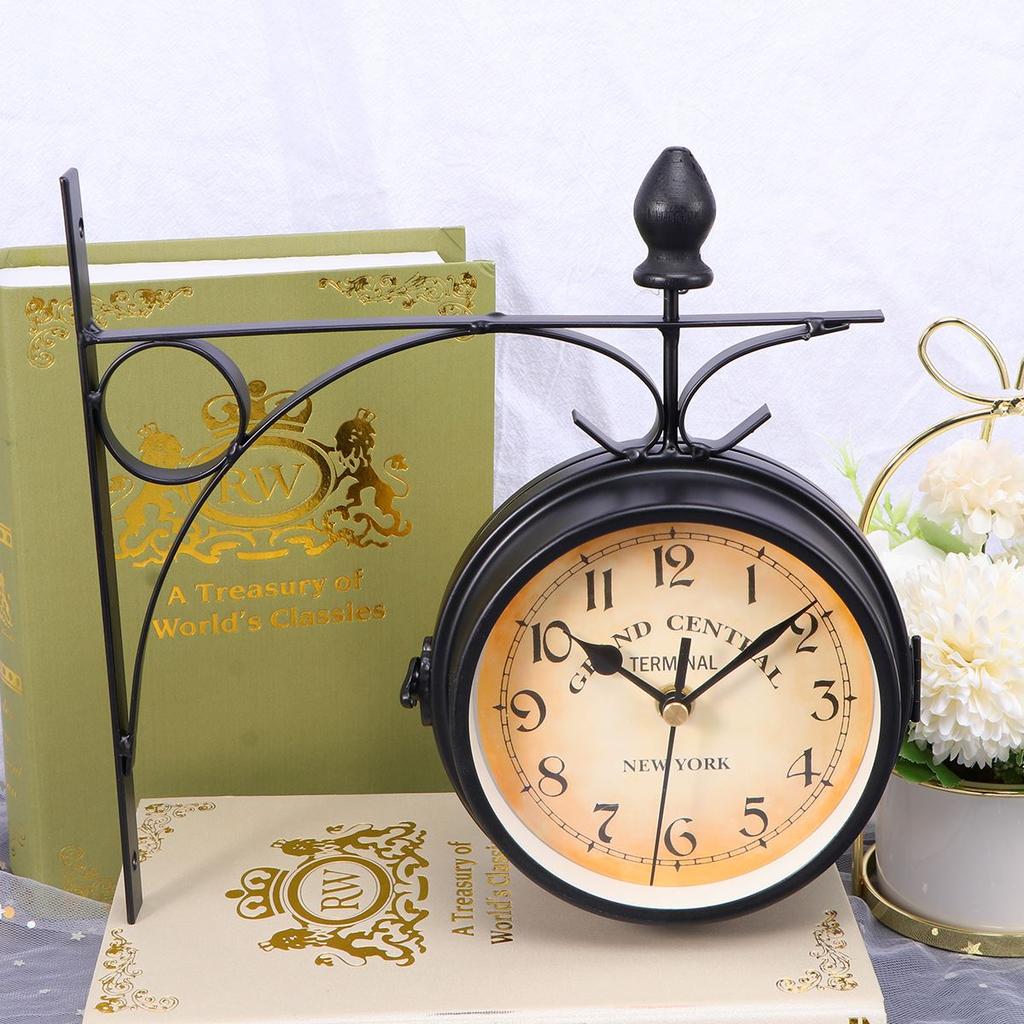 Clock Wall Retro Double Decor Sided Hanging Clocks Vintage Iron Home Outdoor Round Station Large Rustic Garden