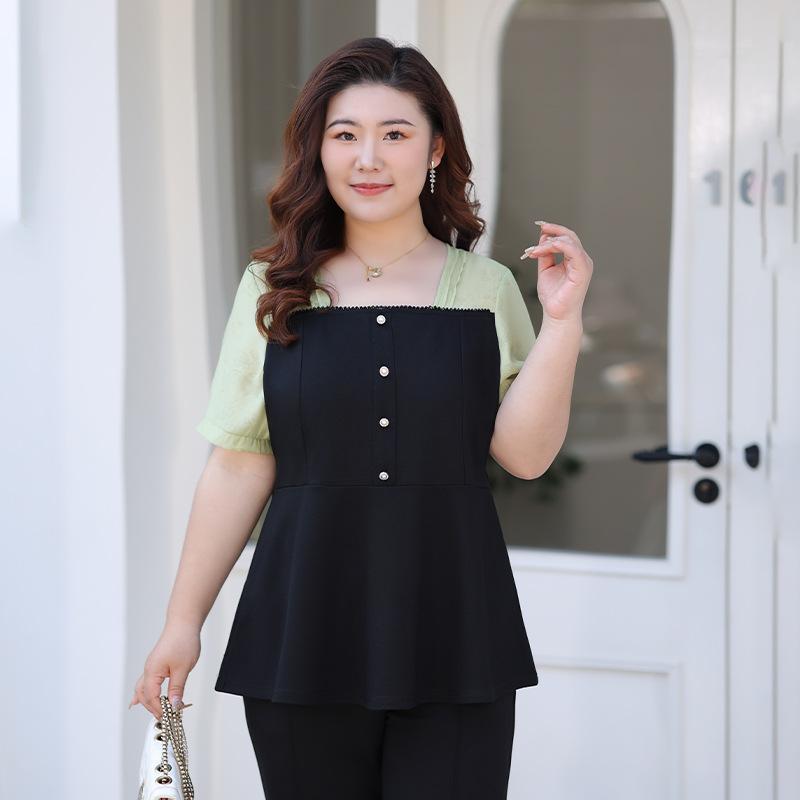 

Свободная шифоновая рубашка на лето, которая прикрывает живот и делает фигуру стройнее. Модный эластичный топ с короткими рукавами в стиле пэчворк. 6XL светло-зеленый/чёрный