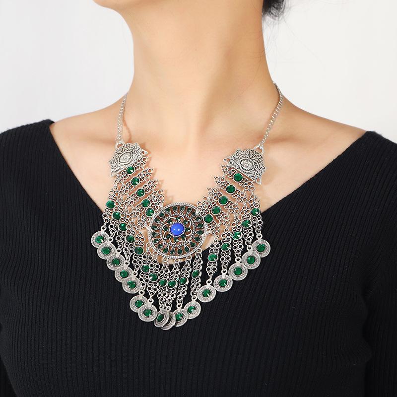 Vintage crystal coin collarbone chain necklace female personality exaggerated bohemian fringed temperament earrings set