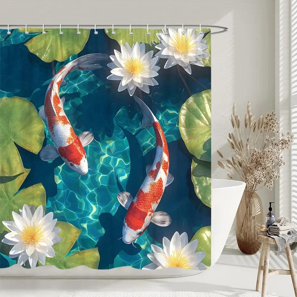 Chinese style Shower Curtain Koi Fish Cherry Blossom Sun Sea Wave Octopus Landscape Polyester Fabric Curtains Bathroom Decor