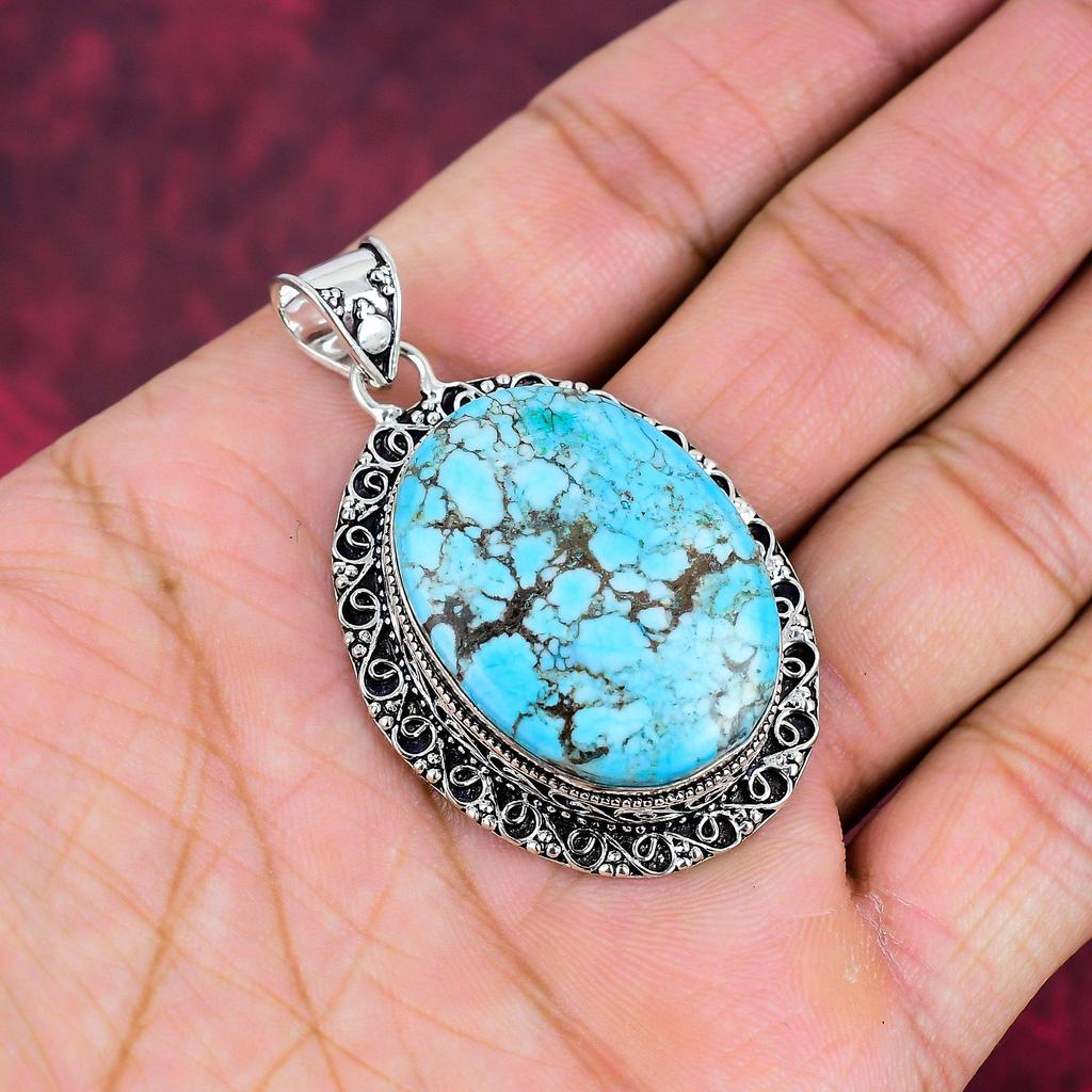 Blauer Türkis Handgemachter Edelstein Anhänger, 925 Sterling Silber Antik Schmuck Anhänger, Für Verlobungsgeschenk