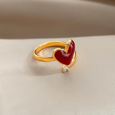 18K Real Rose Gold Plated Copper Stylish Red Enamel Love Heart CZ Cubic Zirconia Open Adjustable Cocktail Rings for Women