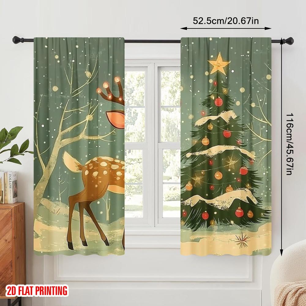 2pcs,2D Plane Printing Popular Curtain Panels Cute Reindeer Christmas Tree Snow (3) Durable Polyester (without Rod) Room Decor