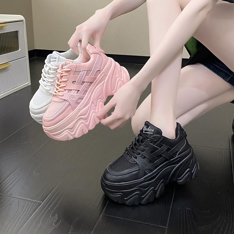 Fashion White Chunky Sneakers Women New 2024 Autumn Hidden Heel Platform Sports Dad Shoes Woman Lace Up Breathable Mesh Casual Shoes 8CM