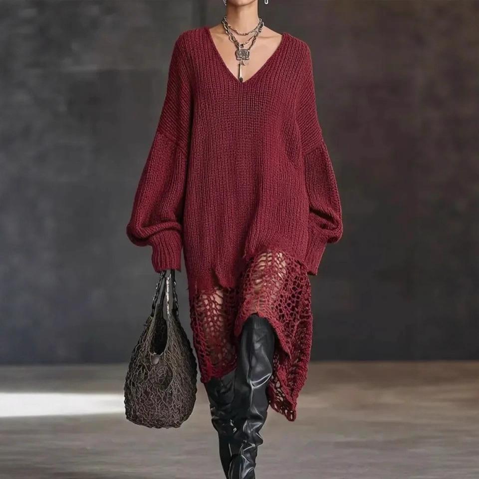 Europäisches & Amerikanisches V-Ausschnitt Strickkleid mit unregelmäßigem Saum und Hohlmuster