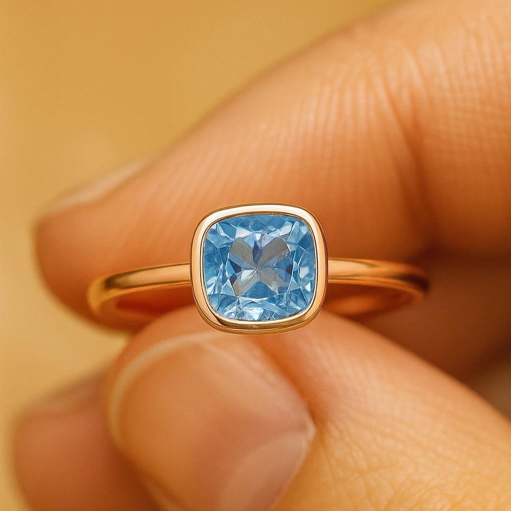 Cushion Cut Aquamarine Solitaire Ring – Yellow Gold Plated Bezel Setting, Engagement Wedding Jewellery Gift for Women
