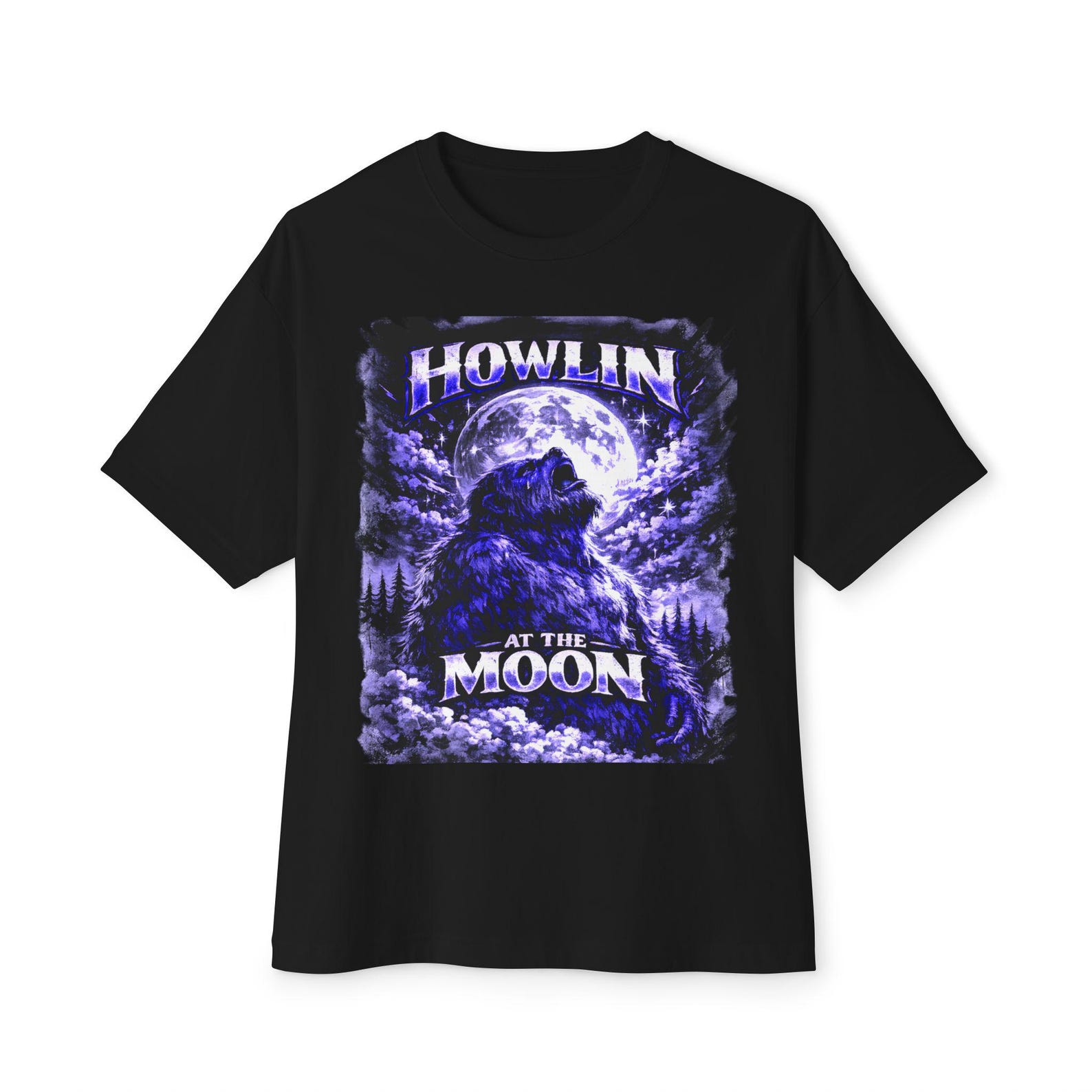HOWLIN at the MOON Blue Sasquatch Oversized Boxy Tee, Vintage Bigfoot Howling Moon Retro Cryptid Art,Glossy Moonligh XL