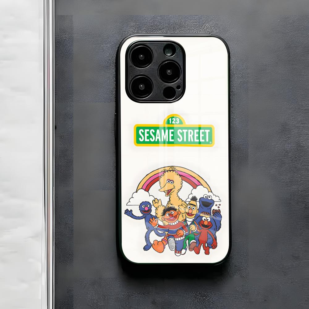S-Sesame S-Street Phone Case For IPhone 17 Air 16 E Pro Max 15 14 13 Mini 12 Pro 11 Max Plus Black Glass Cover