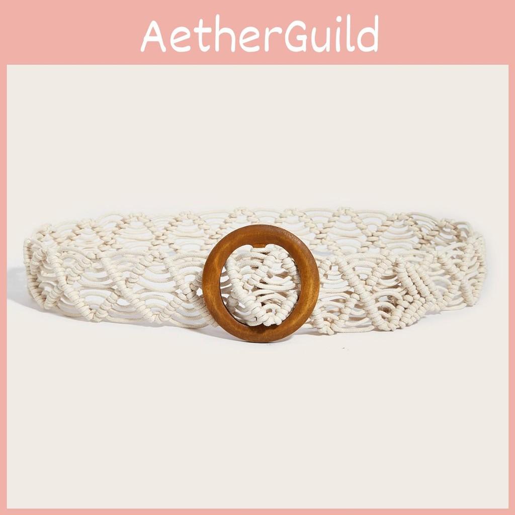 Cotton Linen Retro Belt Women Handmade Woven Waistband Round Wooden Buckle Dress