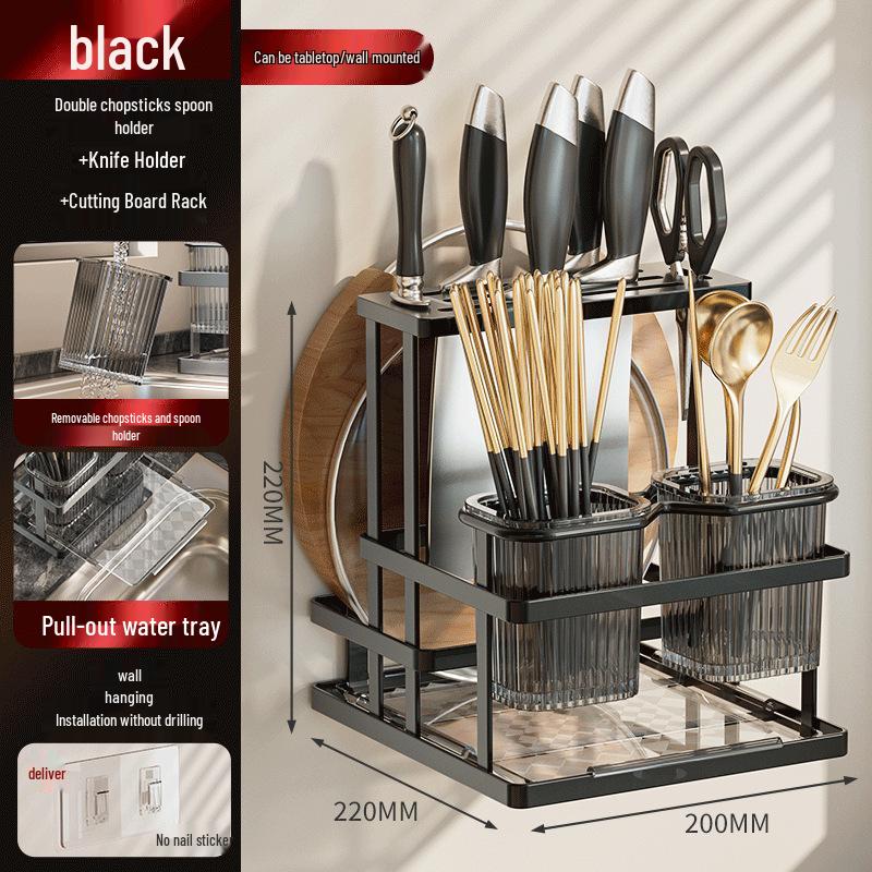 Wall-Mounted Multifunctional Cutlery Rack: Integrated Chopstick Holder & Knife Organizer with Drainer