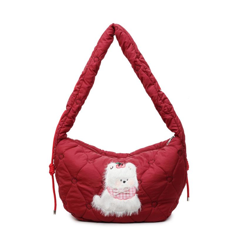Large capacity cartoon shoulder bag women's 2025 autumn and winter new cute bear messenger bag commuter cotton clothes down bag