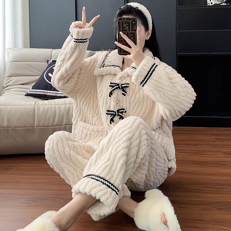 Damen Dickes Flanell Korallenfleece Pyjama Set - Niedlicher Langer Cardigan Homewear für Herbst und Winter