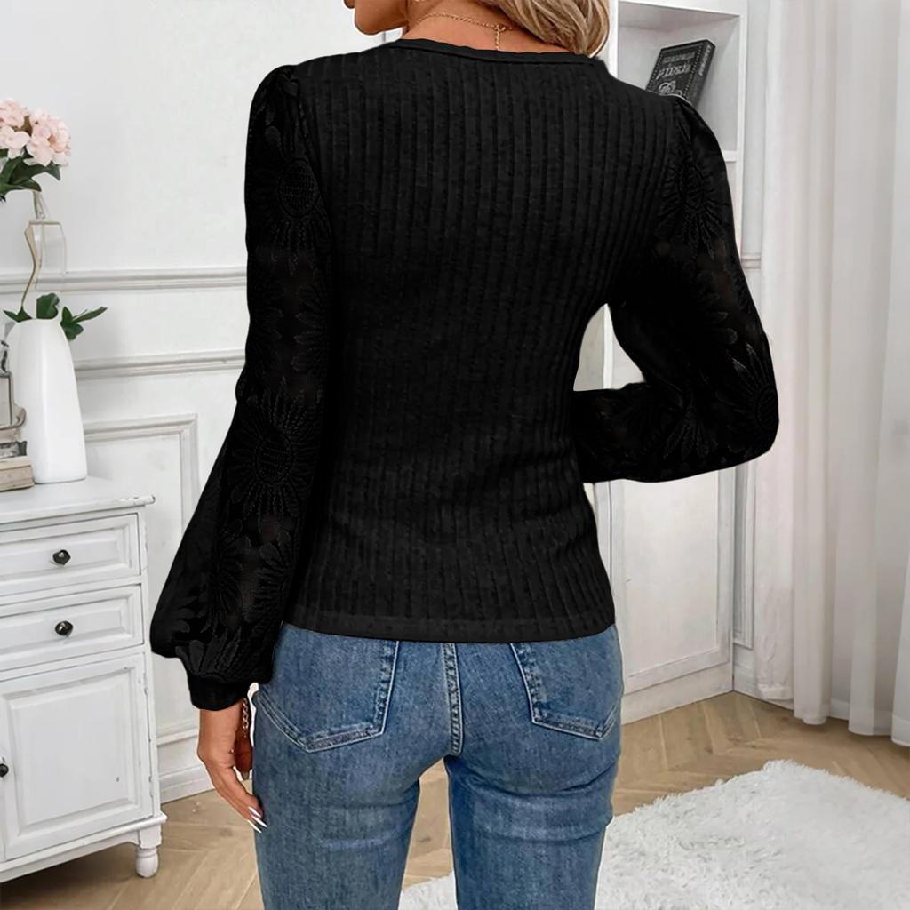 Women's Solid Color Long Sleeved U-neck Knitted Women's Base Shirt With Lace And Lace Patchwork Top