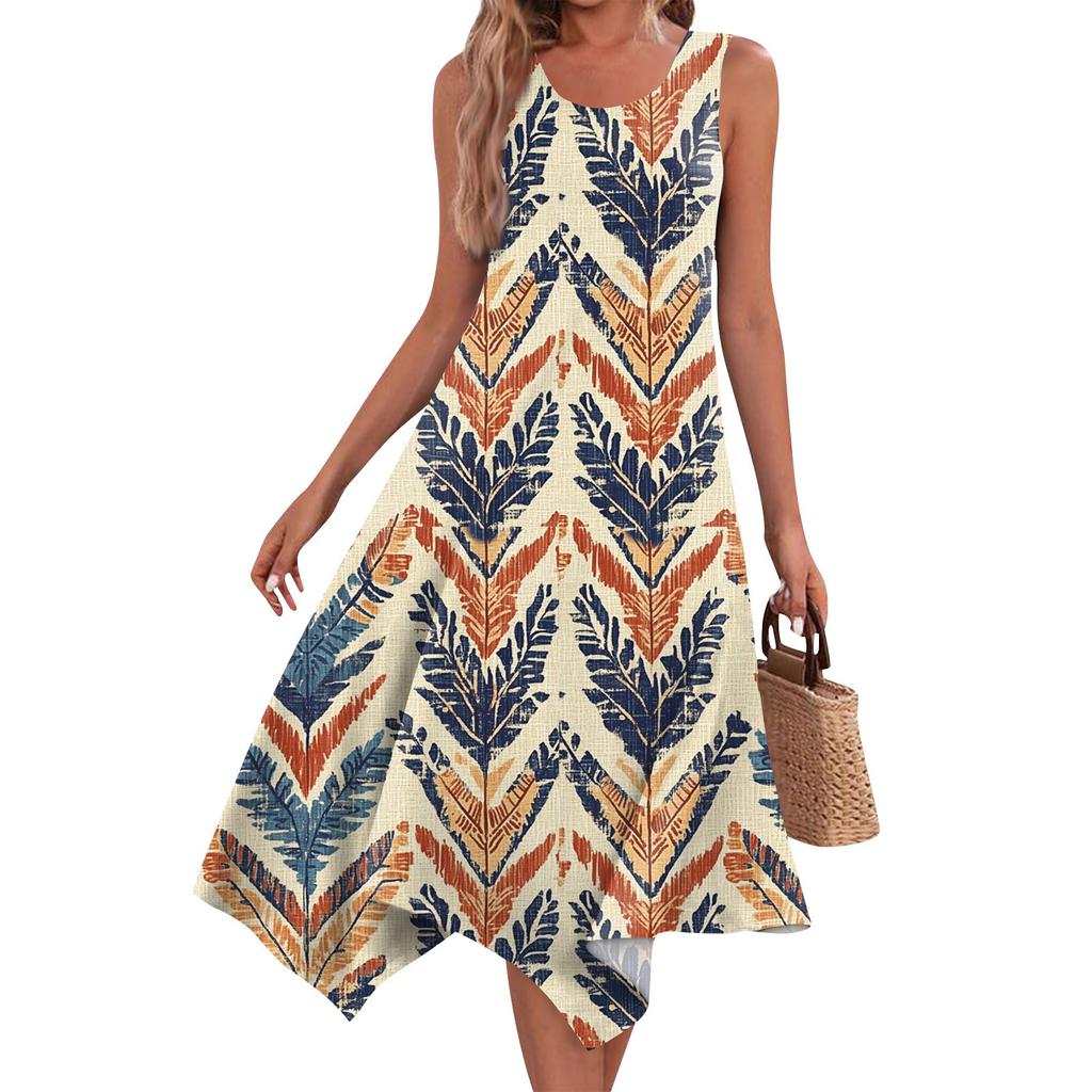 Women's Casual Fashion Round Neck Sleeveless Print Irregular Hem Midi Dress Hem Midi Dress