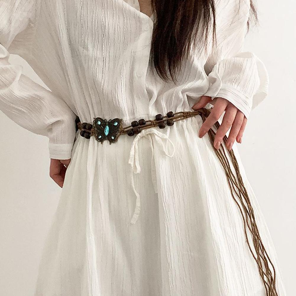 Vintage Boho Braid Belt for Women Girls Bohemian Woven Waist Belts Waistband Wax Rope Jeans Skirt Dress Decorative Tassel Belts