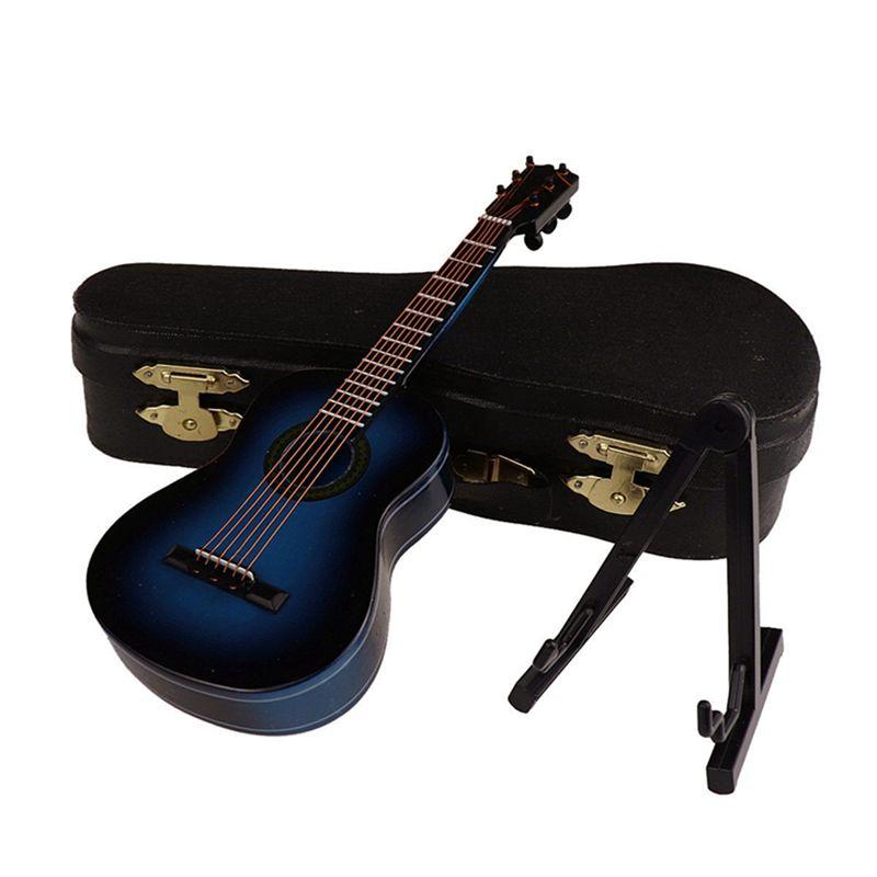 AEE2-Wooden Miniature Guitar With Stand And Case Mini Musical Instrument Miniature Doll House Model Home Decoration