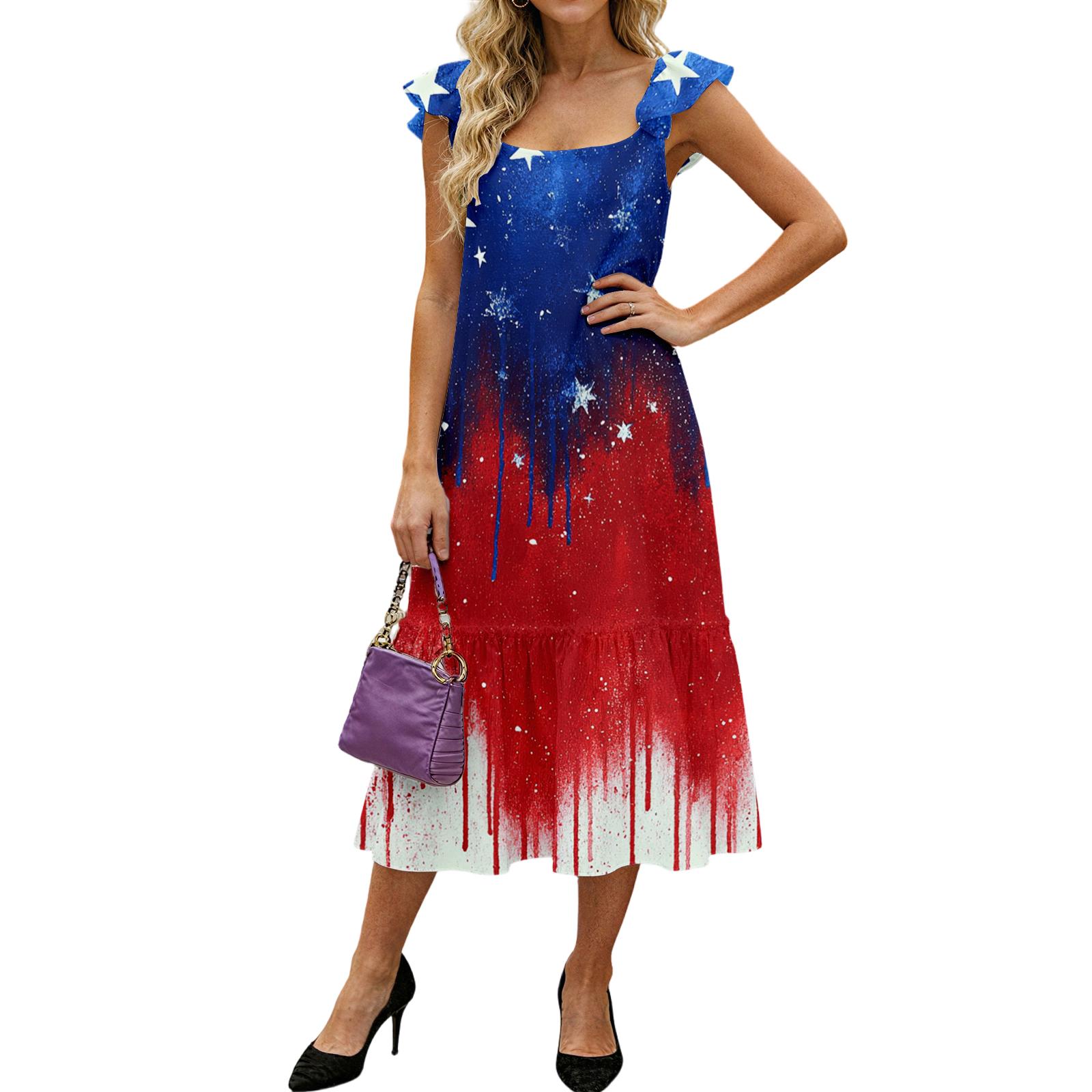 Women s Fashion Loose Mid-length Ruffled Flying Sleeve Independence Day Printed Dress XXL