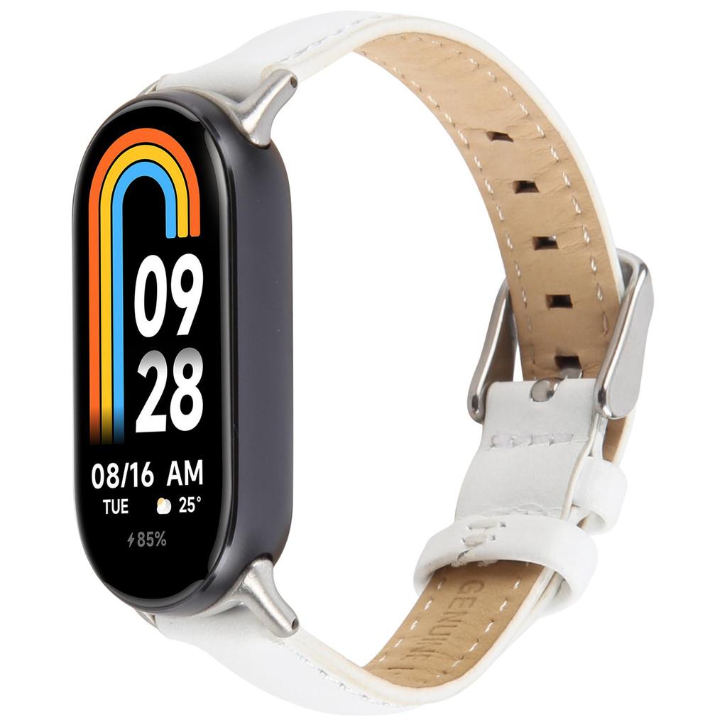 Řemínek na hodinky z pravé hovězí kůže pro Xiaomi Smart Band 9 NFC/9/8 Náramek se stříbrným kovovým konektorem