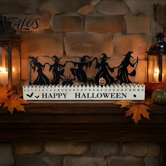 Reusable Holiday Ornaments Halloween Wooden Countdown Calendar, Dancing Witch 31 Day Timer with Silhouette Sliding Pumpkin, Spooky Tabletop Decor for