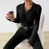 2025 Autumn/Winter Women's Solid Color Slim Fit V-Neck Lapel Long Sleeve Ribbed Brushed Top
