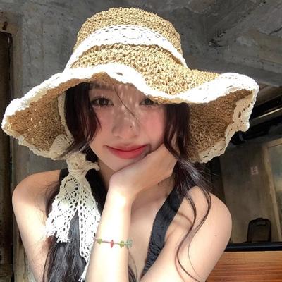 New Women'S Hollowed Out Large Brim Sun Hat Summer Outdoor Lace Lace Tied Bow Grass Hat Hidden Wire Brim Hat