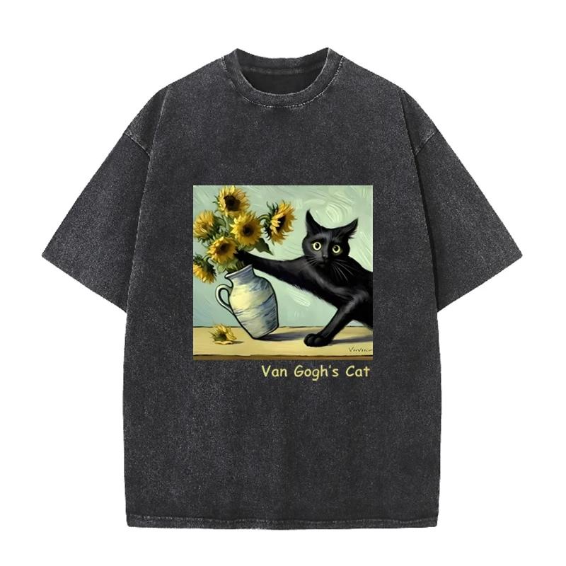 Funny Van Gogh s Cat Sunflower Art Print Vintage Washed Black Casual Top S