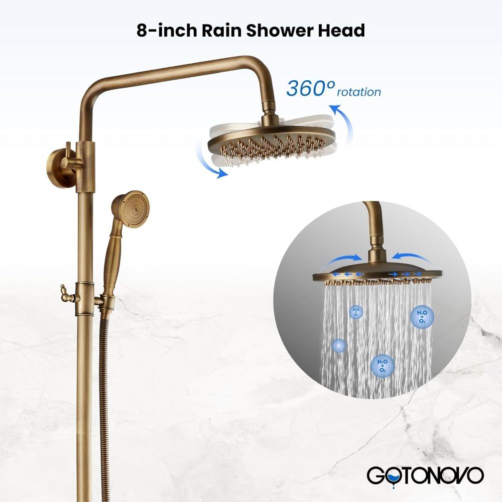 Exposed Bathroom Shower Faucet Set Shower Fixture 8 Inch Rainfall Shower Head Handheld Shower Cross Handle Wall Mount 2 Functions Antique Brass