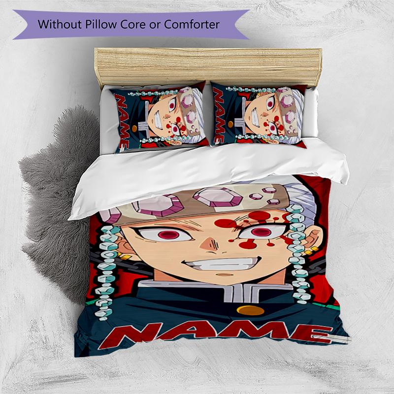 3pcs Custom Name Demon Slayer Character Theme Bedding Set Duvet Cover Closure Includes 1 Duvet Cover & 2 Pillowcases for All Seasons Bedroom Decor