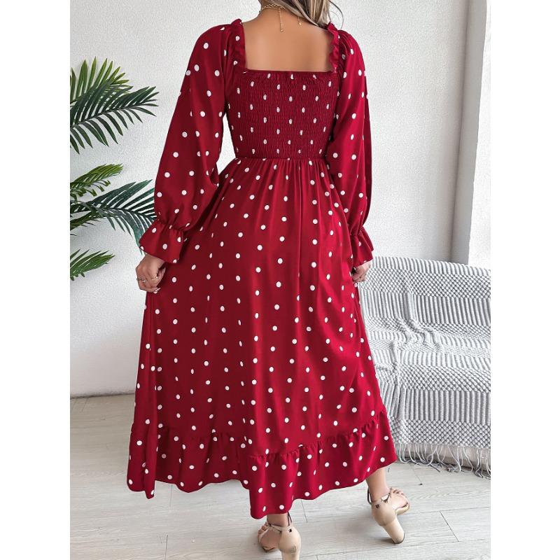 Herbst und Winter Casual Holz Ohr Seite Quadrat Kragen Polka Dot Swing Langes Kleid