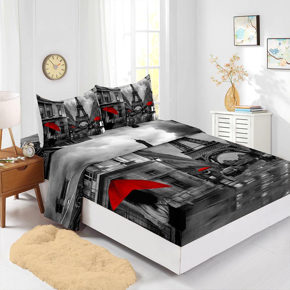 Mattress Four-Piece Set, Landscape Rose City 3D Digital Printing Kit, Mattress Protective Cover