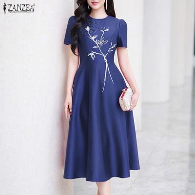 Women Floral Print Casual Round Neck Short Sleeve Long Dress