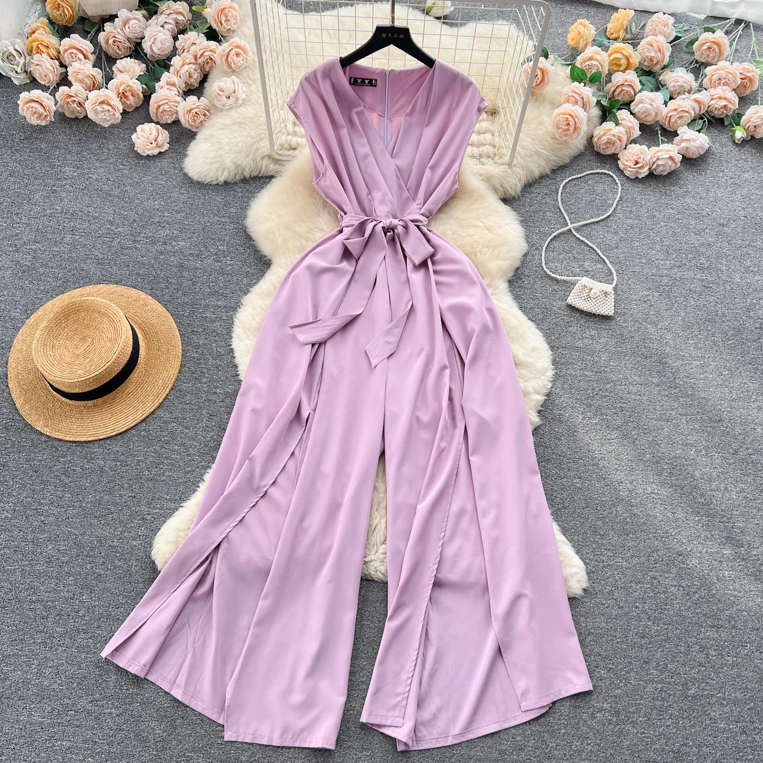 

Летний женский комбинезон Vintgae с широкими штанинами, женский элегантный v-образный вырез без рукавов с высокой талией, тонкий повседневный бандажный комбинезон, новая мода One Size светло-фиолетовый