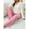 Womens Long Sleeve Pajama Set With V-Neck Top Full-Length Pants Soft Stretch Cotton-Like Fabric Comfort Sleepwear Home