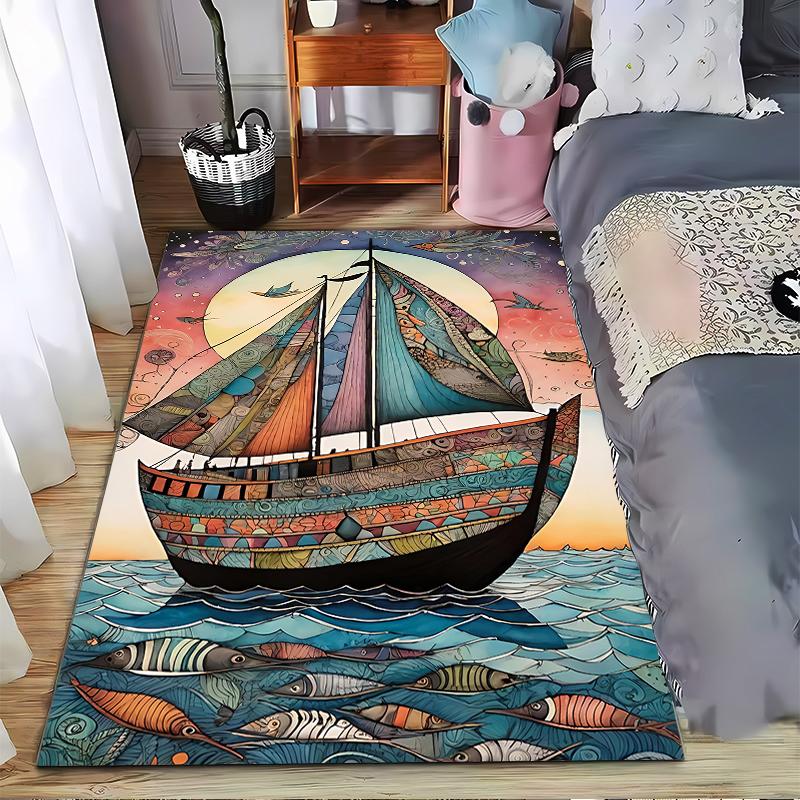 Colorful Abstract Sailing Boat and Fish Pattern Decorative Carpet Art Suitable for use as an anti-slip for living room bedroom sofas