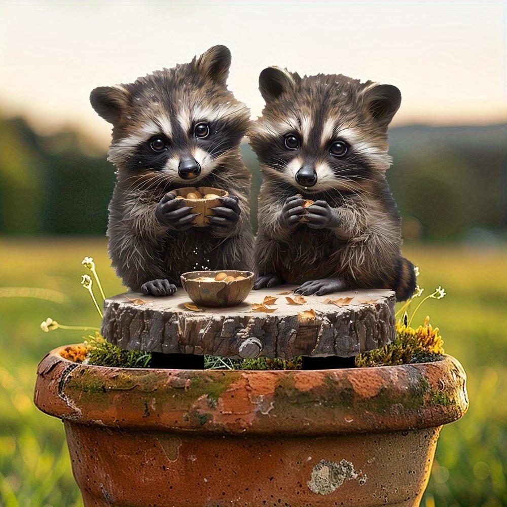 Charming Raccoon Pair acrylic pile for flower pots and landscape. Bohemian-style outdoor art.