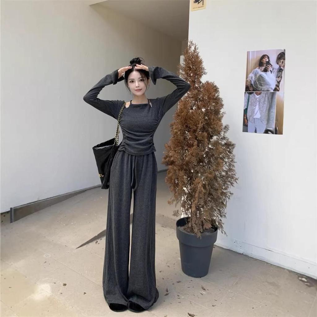 Elegant Early Autumn Women's Set: Spicy Long Sleeve T-shirt & High Waist Wide Leg Pants 