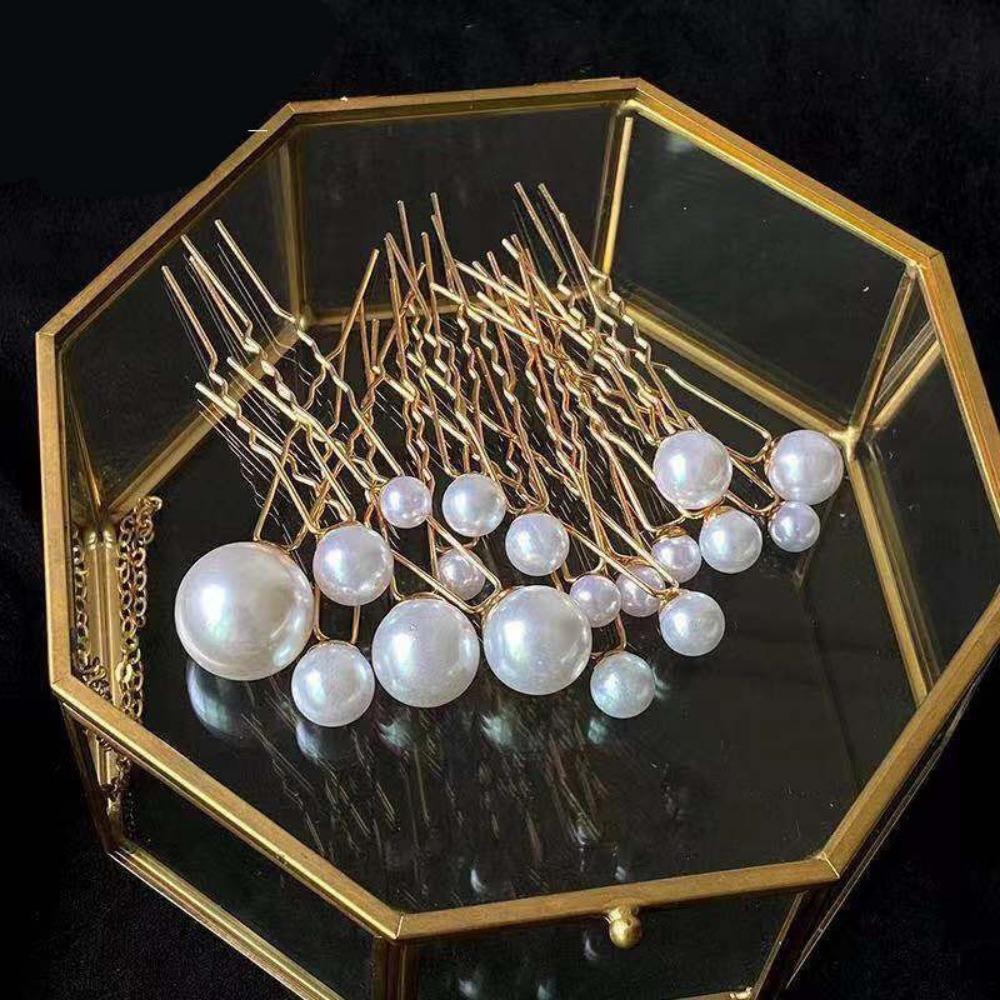 18pcs Women U-shaped Pin Metal Barrette Hairpins Simulated Pearl Bridal Tiara Hair Accessories Wedding Hairstyle Design Tools