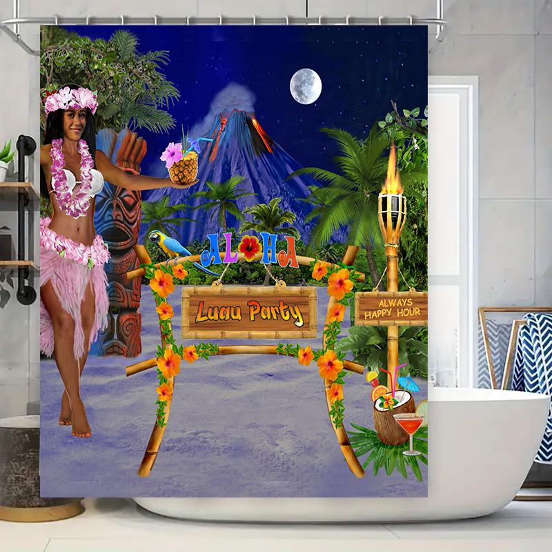 

Luau Party Shower Curtain Hawaiian Theme Home Decor With Tiki Bar Sign Always Happy Hour Signs Coconut Drink Design W60H190(CM)-1 Pcs
