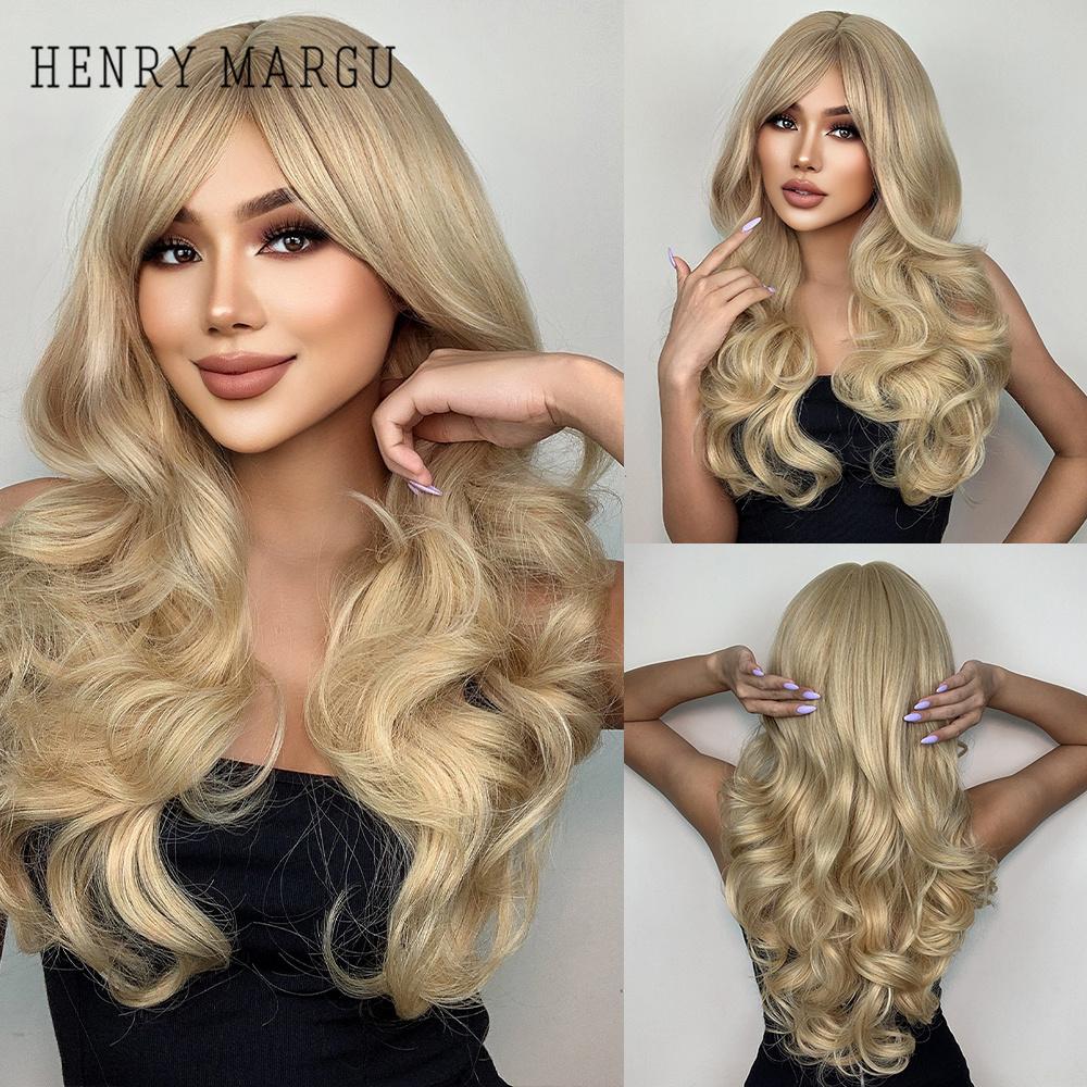 HENRY MARGU Ilgi vandens banguoti sintetiniai perukai nuo rudos iki blondinės spalvos Ombre perukai su kirpčiukais moterims vakarėliams Cosplay karščiui atsparūs perukai