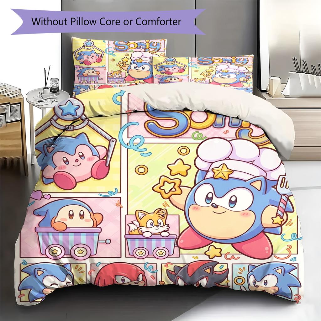 Hedgehog Sonic Pattern Bedding Quilt Set Quilt Cover Pillowcase Home Decoration Birthday Gift (1 * Duvet Cover + 2 * Pillowcase, Without Core)