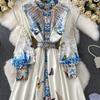 Spring Autumn Women Vintage Print Runway Dresses Stand Full Sleeve Single Breasted Long Maxi Holiday Party Dress With Belt