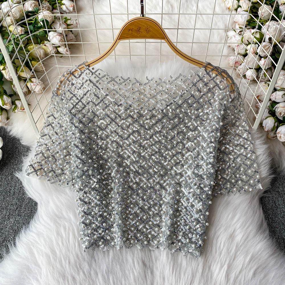 Chic Vintage Hollow Out Sequin Backless Elegant Fashion Sexy Shirt High Street T Shirt Summer Women Blouse Women