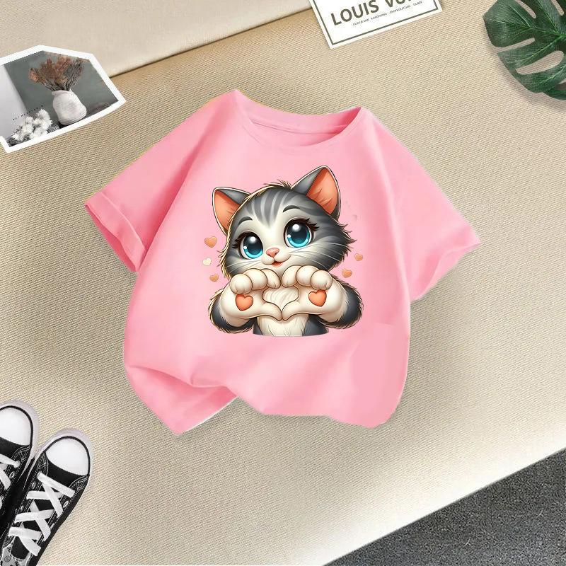 Children's Casual Short-sleeved T-shirt - Summer Boys' and Girls' Casual Cute Cat T-shirt