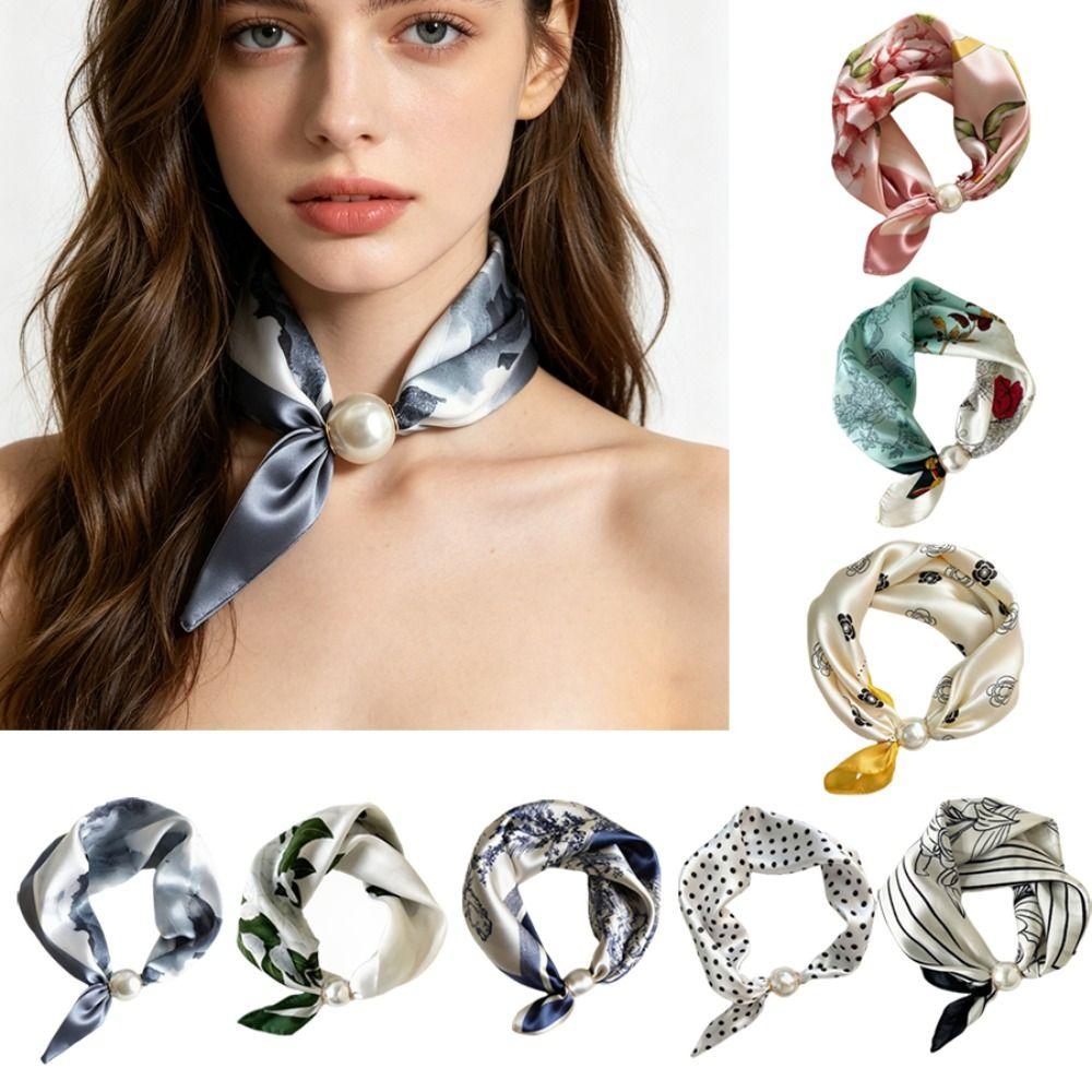Breathable Silk Scarf Lightweight Printed Neck Scarf Elegant Pearl Buckle Scarf  Women