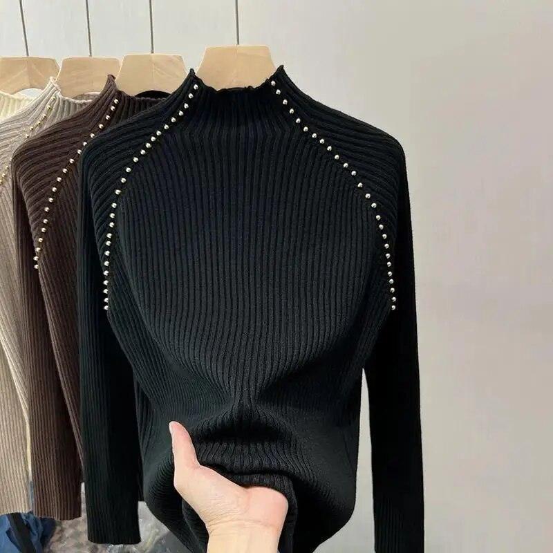 Half High Neck Studded Bead Bottom Sweater Pullover Women Autumn and Winter Fashion Style Knitwear Sweater Pullover Female Top