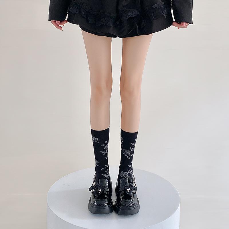 Ladies Spring and Summer Thin Style Retro Dark Rose Flower Calf Socks