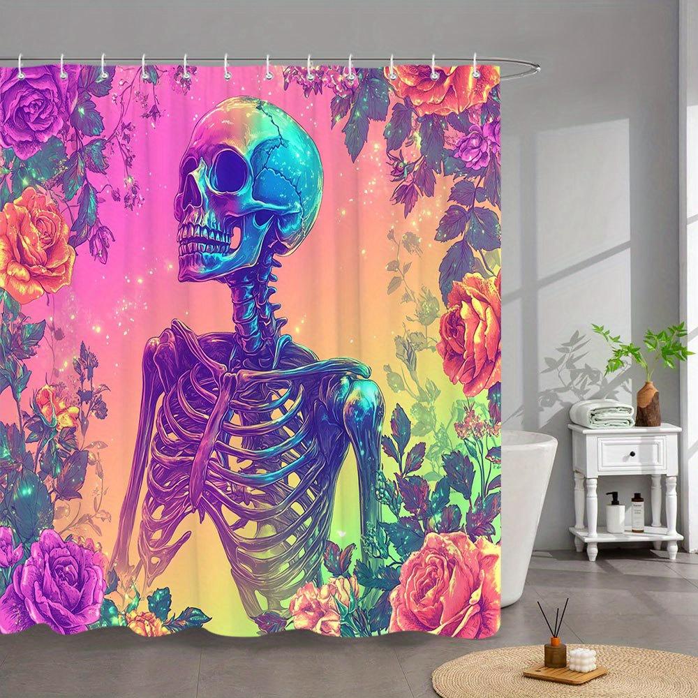 1pc Gothic Fantasy Skeleton Floral Bathtub Curtain - Detailed Bone Structure, Multicolored Aura & Lush Roses Design