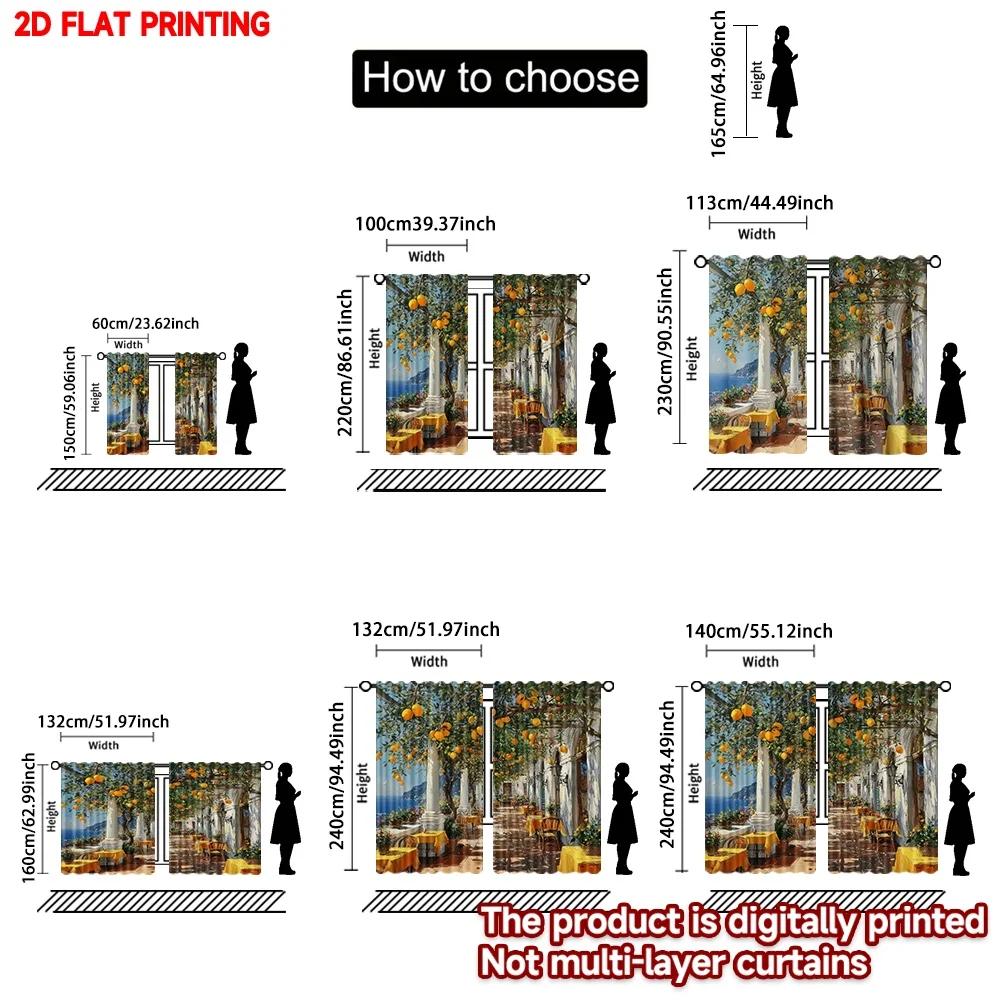 Mediterranean Courtyard Curtains Digital Printing White Columns Orange Trees Blue Sea View Coastal Living Room Decor Set Of 2 Made Polyester