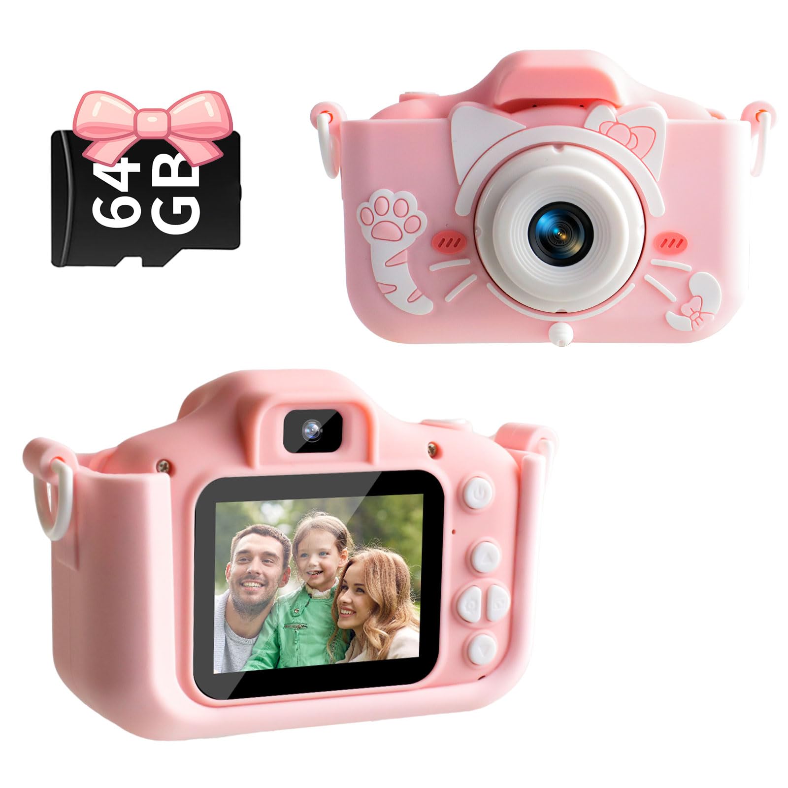 

Toy 1080P HD Video Camera with 64GB TF USB IPS 4x Zoom Dual Silicone Protective Selfie and Game Perfect Birthday or Christmas Gift for Boys and Girls